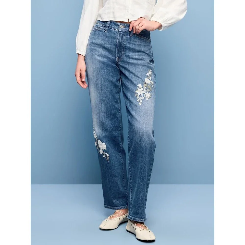 Old Navy OG Loose Jeans Womens 2 Blue Medium Wash Floral Embroidered NEW